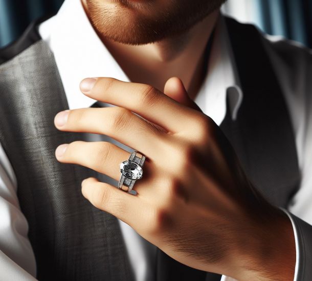 A man wearing a wide wedding band with oval cut diamond