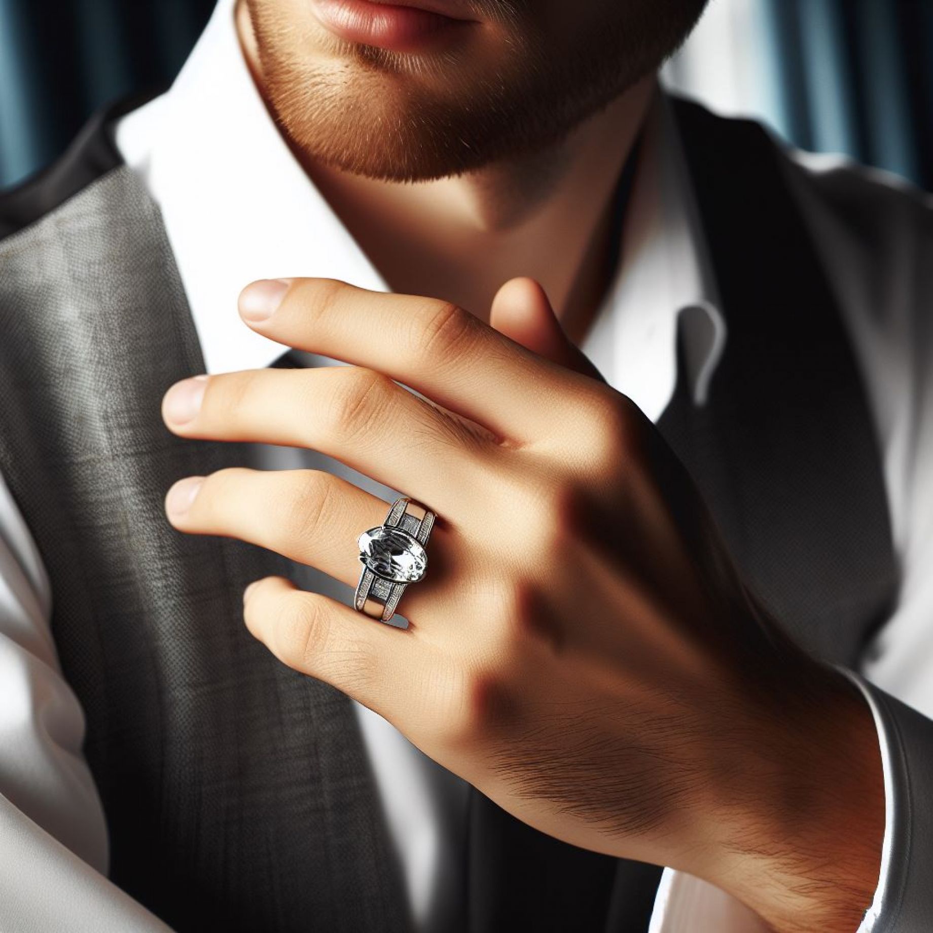 A man wearing a wide wedding band with oval cut diamond